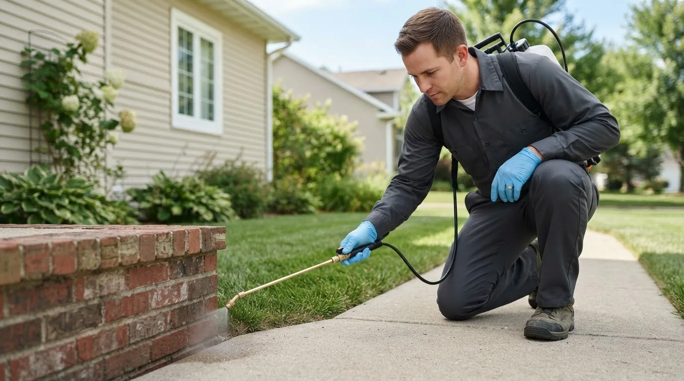 Pest control technician treating a home near Monhegan, ME